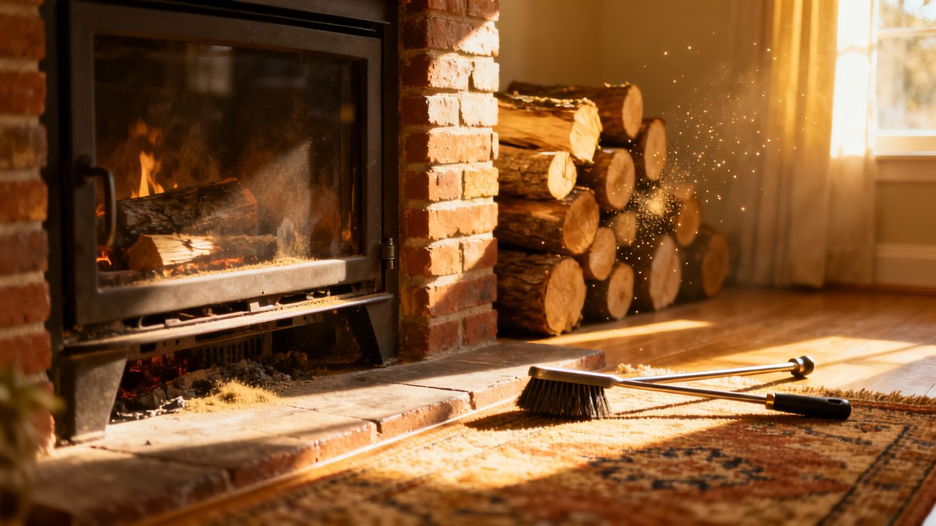 Clean fireplace with logs and tools for maintenance.