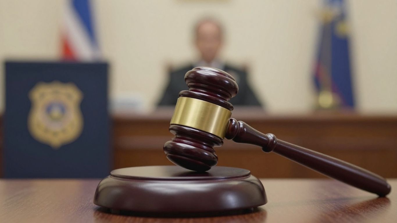 Gavel striking sound block near police badge