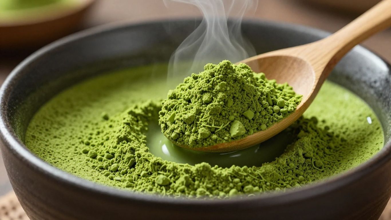 Vibrant green matcha powder and a whisked bowl of matcha.