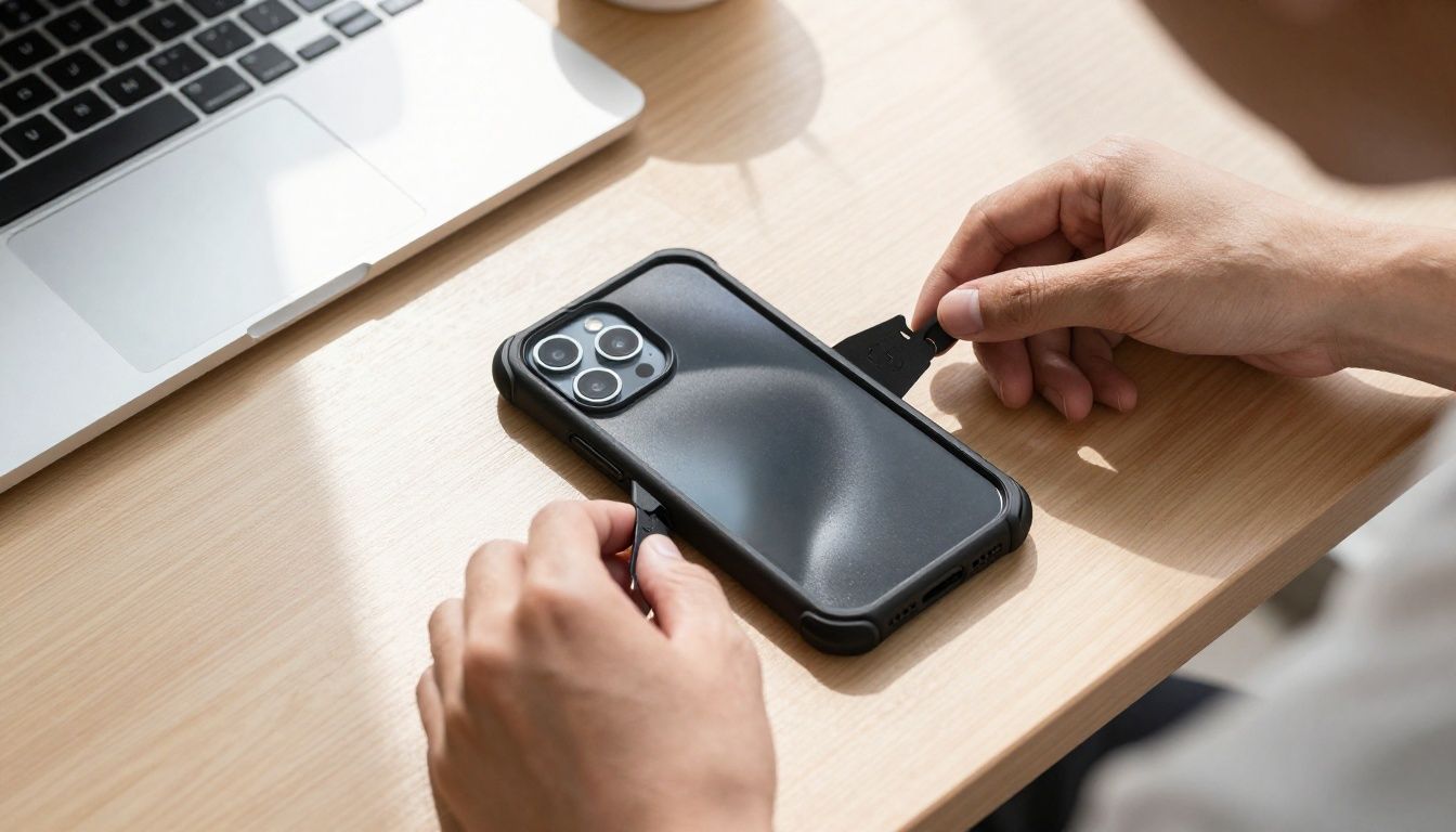 A person carefully fitting a new protective case onto their iPhone 16 Pro Max at a sunlit desk