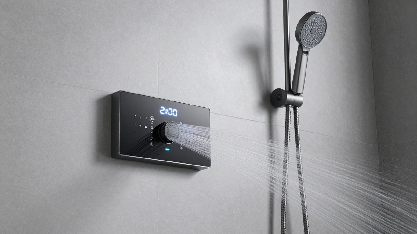 Modern digital shower system with LED display and water stream.