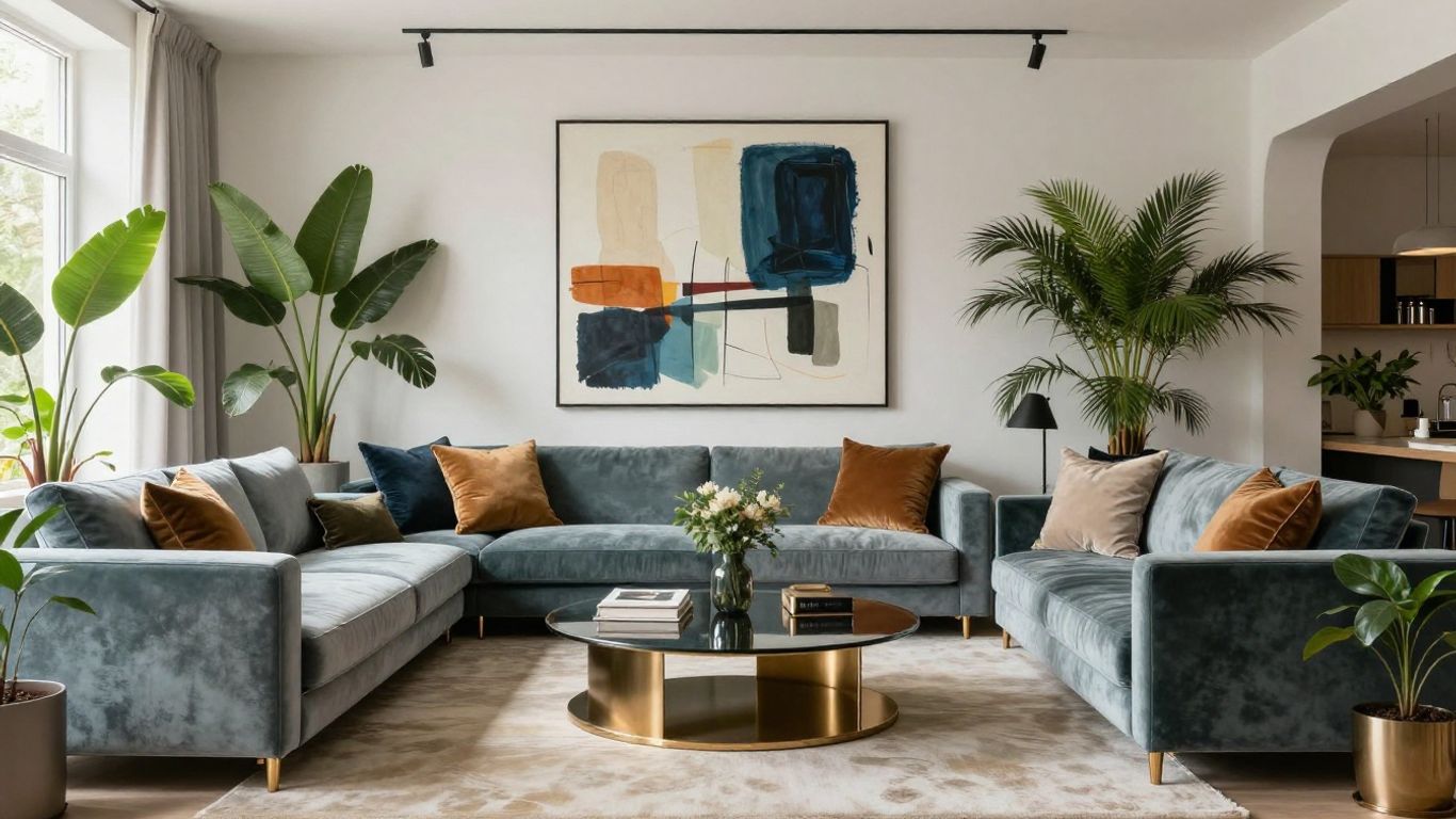 Modern living room with velvet sofas and abstract art.