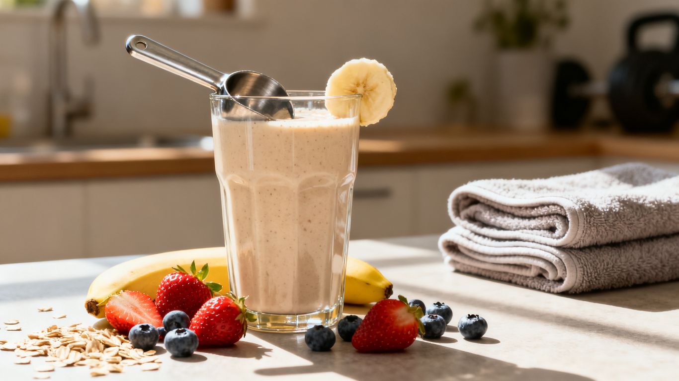 A glass protein shake beside fresh ingredients