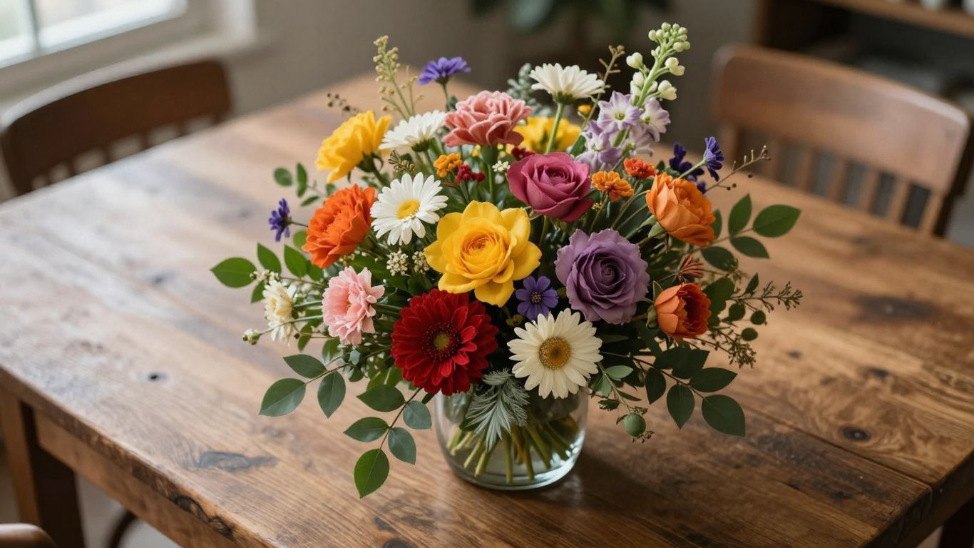Vibrant floral arrangement on a rustic wooden surface