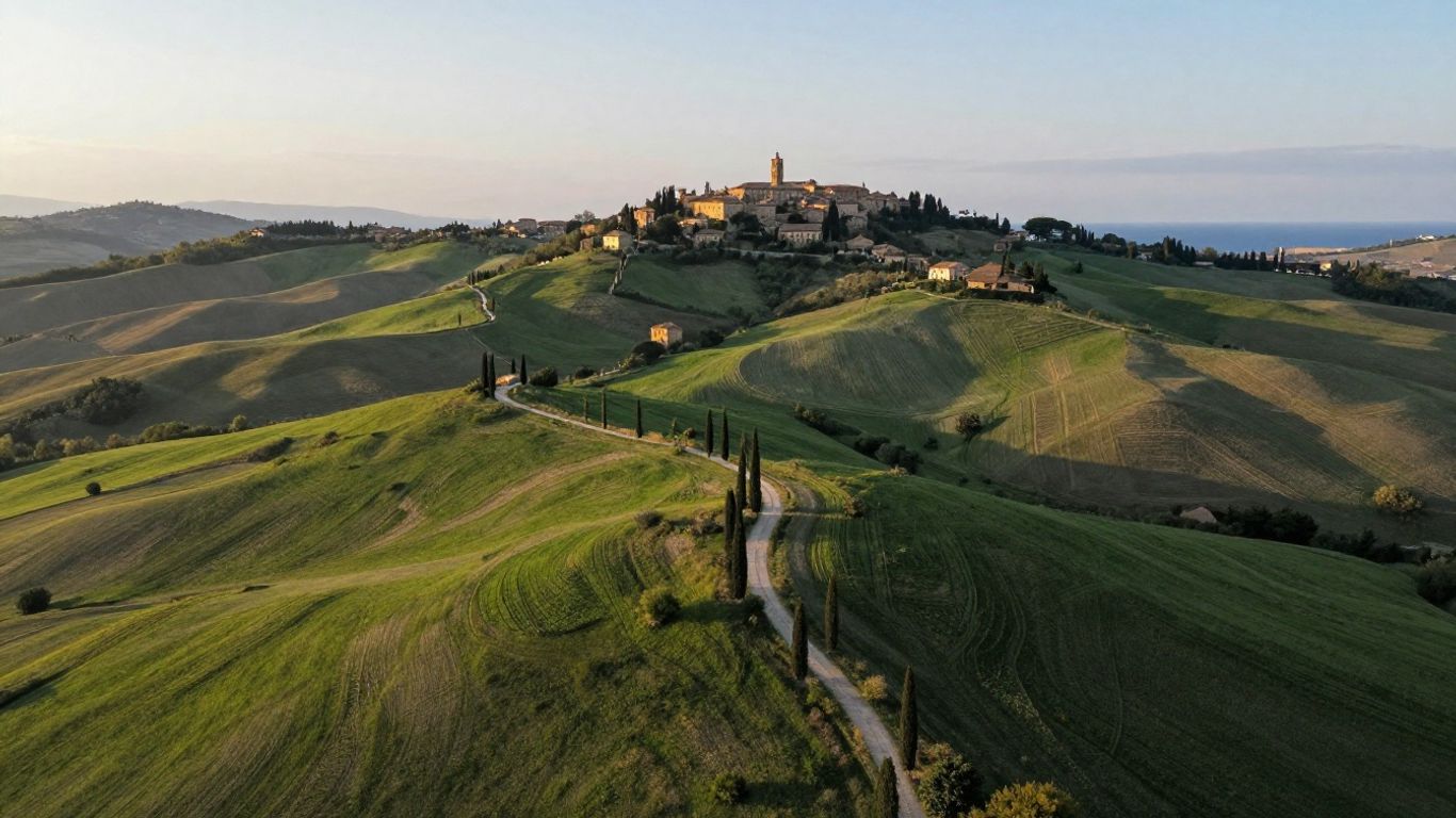 Aerial view of Marche hills meeting Adriatic