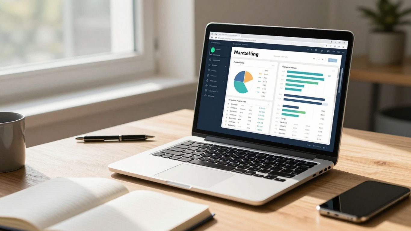 A professional workspace featuring digital marketing expert tools