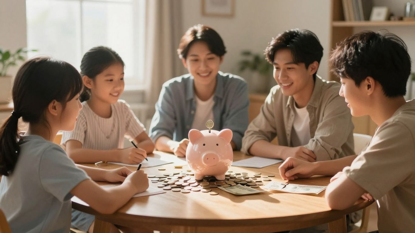 Familia con alcancía llena de dinero.