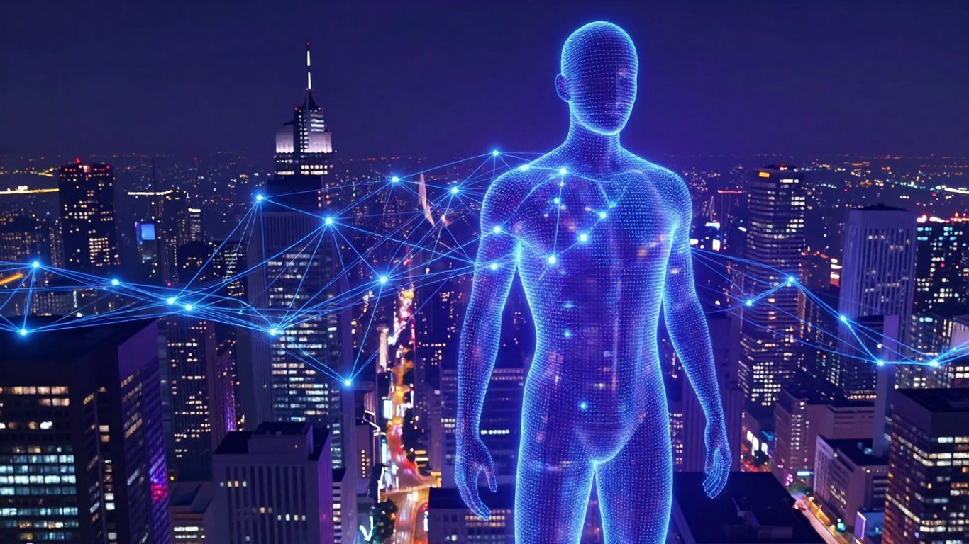 AI recruiting concept with futuristic city and network.