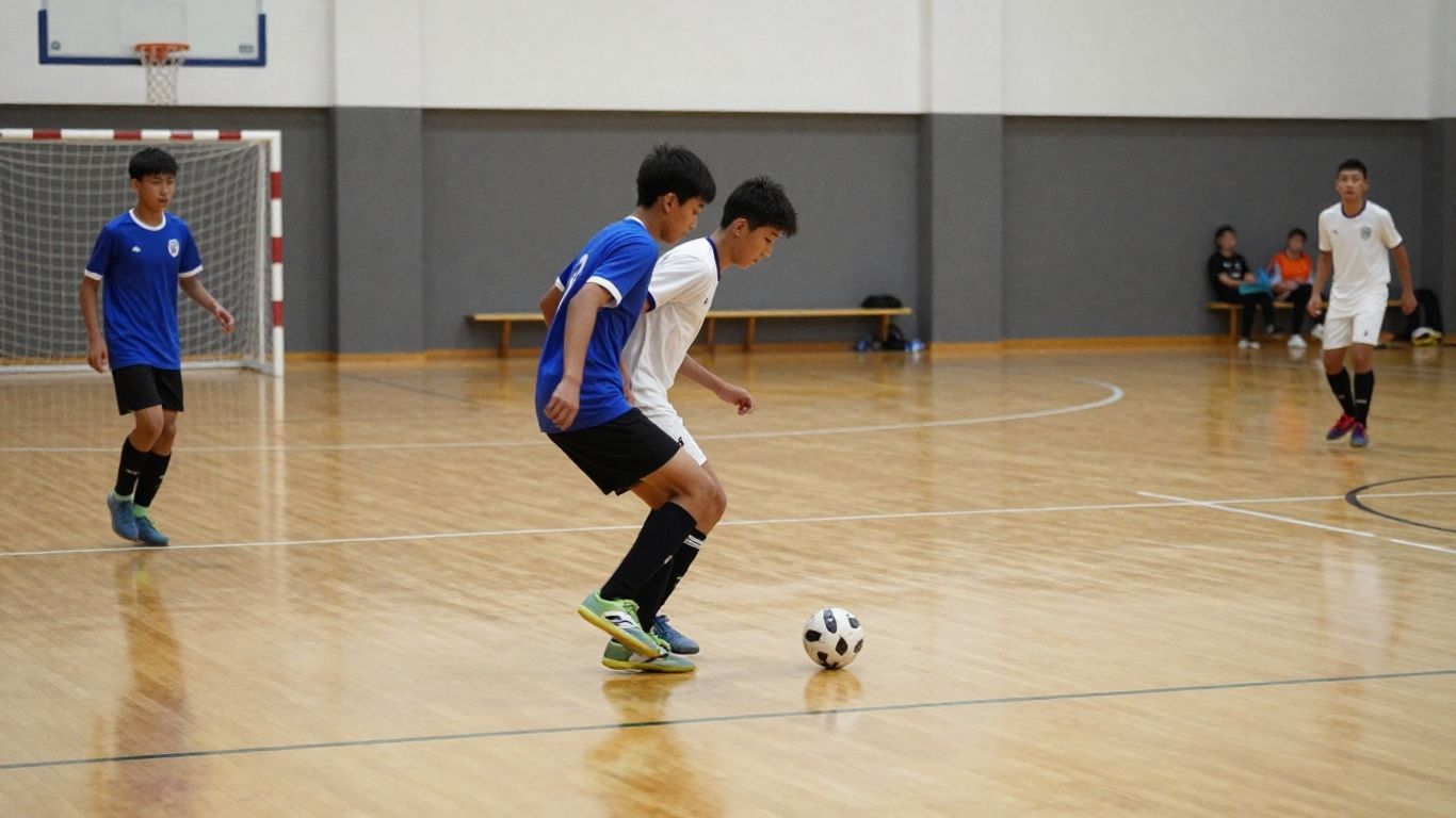 Players contesting possession on a futsal court