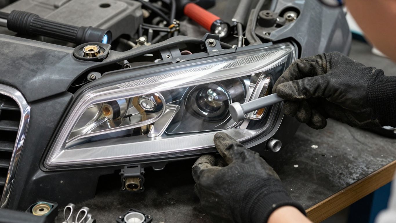 Mechanic inspecting a used Audi A8 component