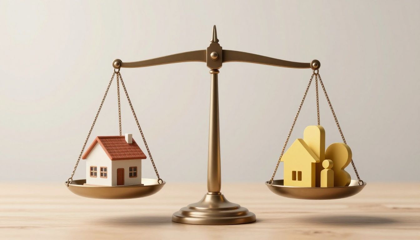 Balanced scale with a house and abstract shapes representing risk and return.
