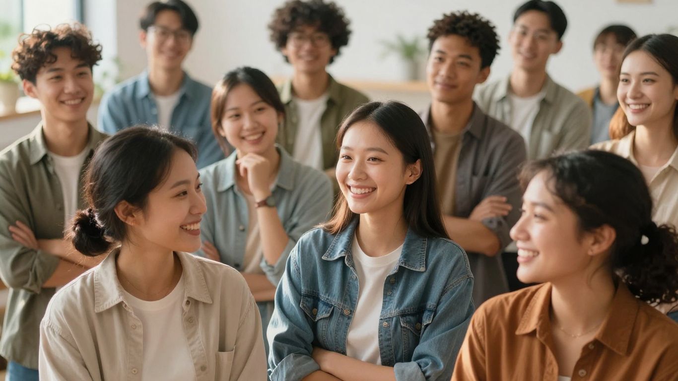 Personas sonriendo y colaborando en un entorno profesional.