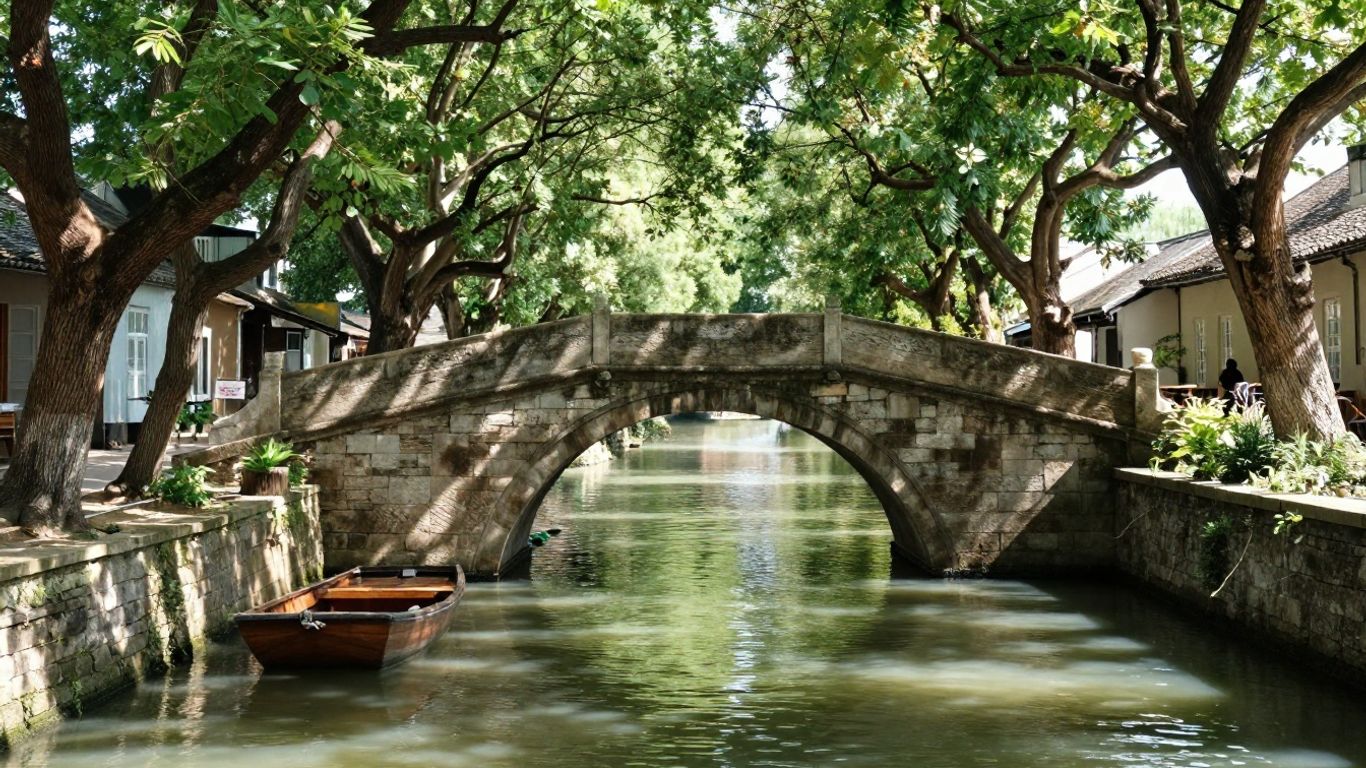 Canal boat in village