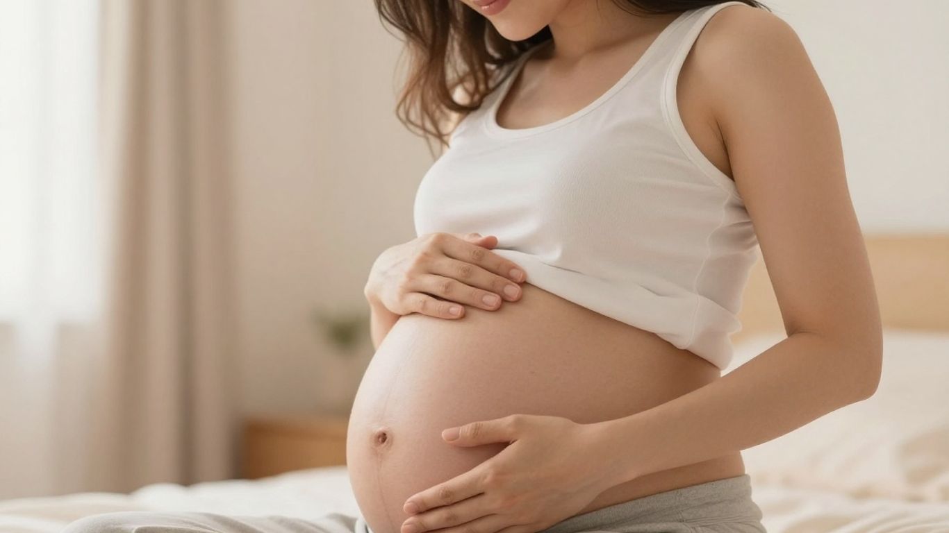 Mulher grávida sorrindo, cuidando da barriga em ambiente seguro.