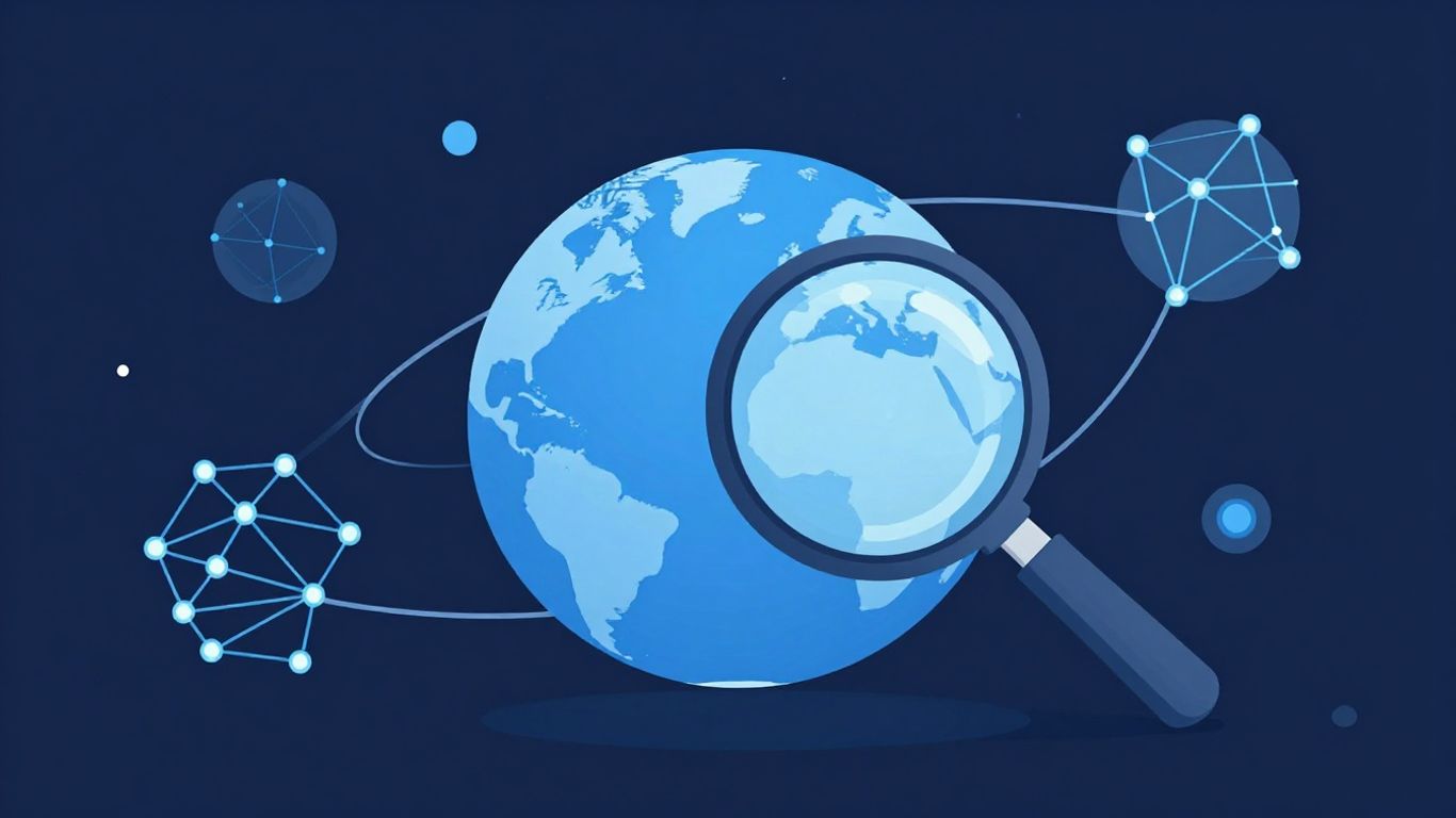 Network nodes, connections, magnifying glass, and globe illustration.