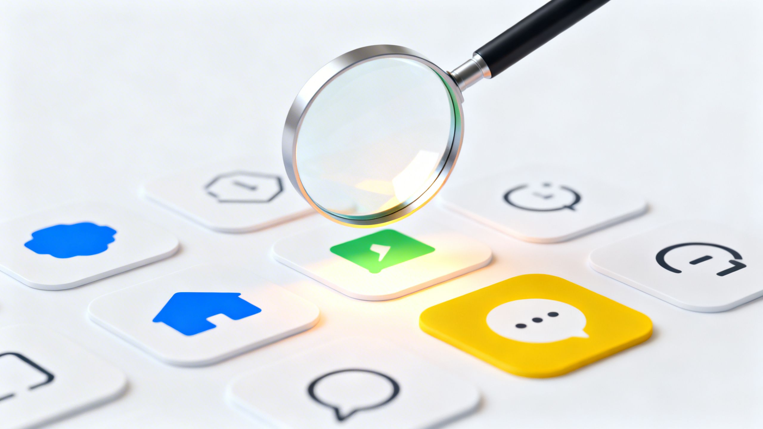 A magnifying glass hovering over several app icons, symbolizing the process of selecting the right software tool.