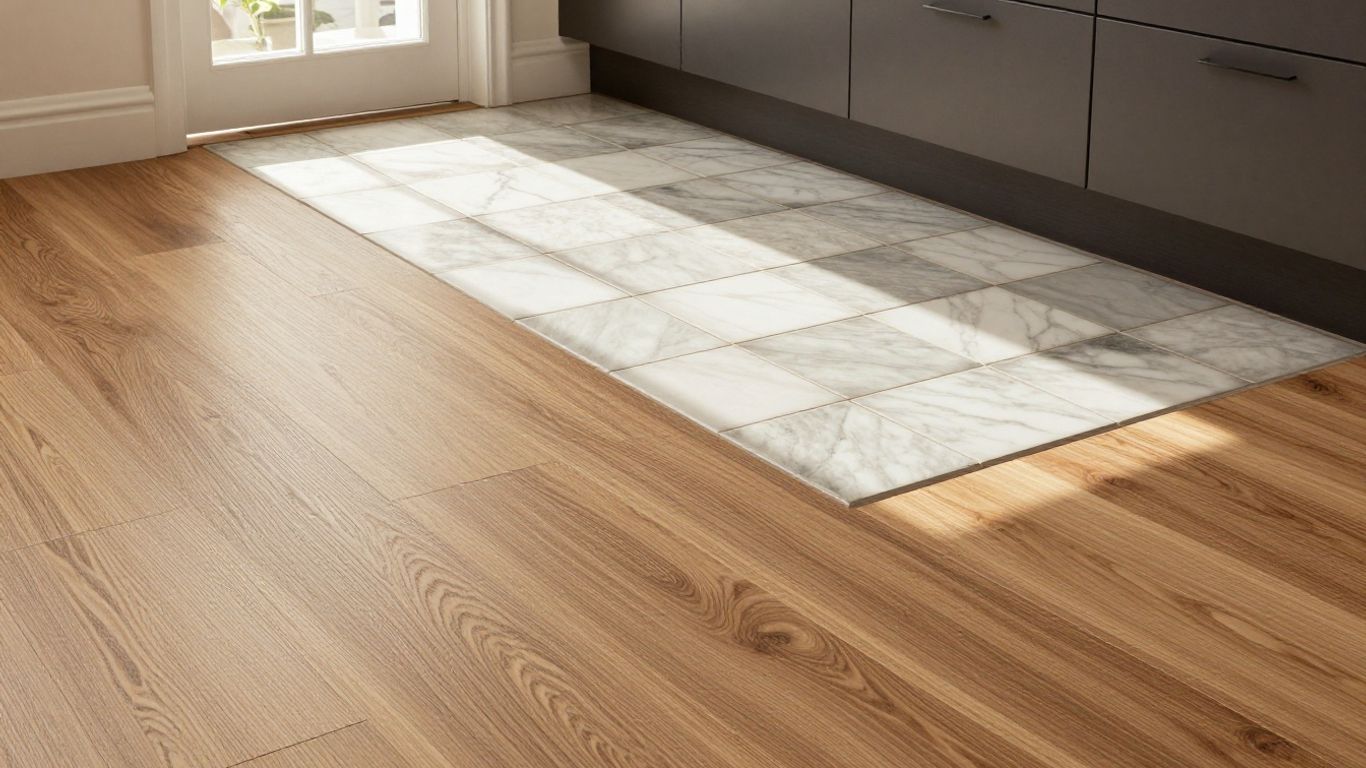 Stylish laminate and tile flooring in a modern kitchen.