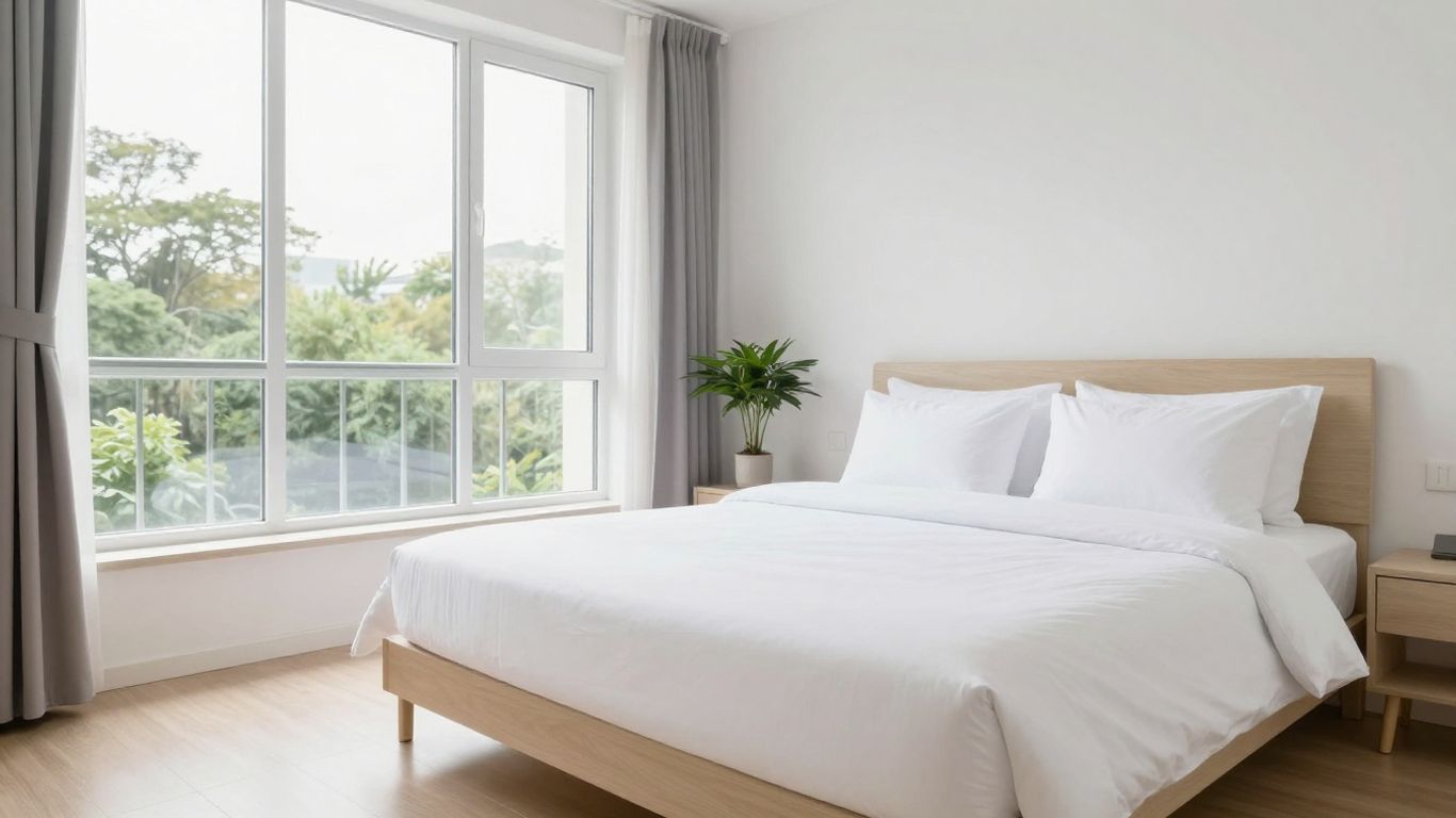 Chambre d'hôtel lumineuse et minimaliste