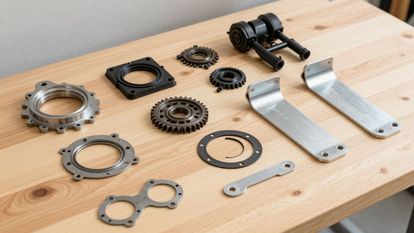 Authentic car parts displayed on a workshop table