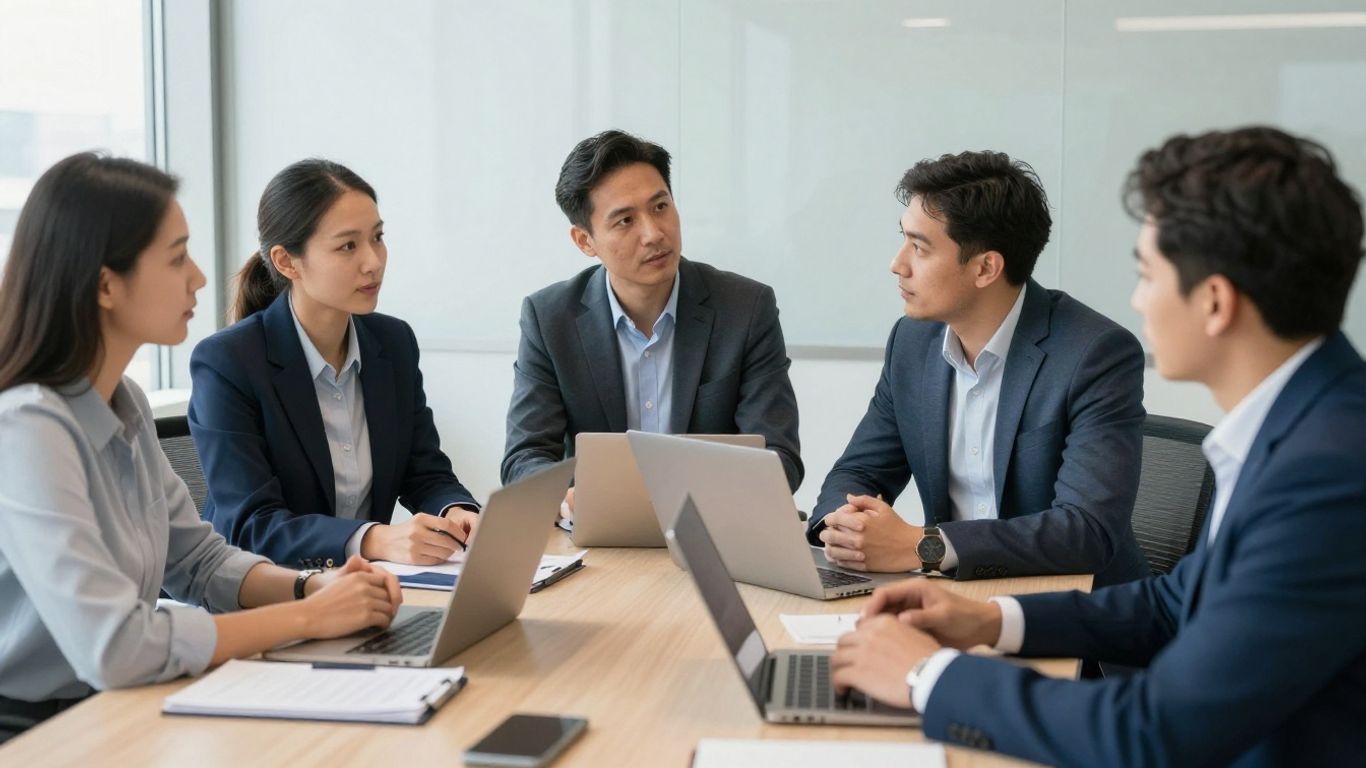 Menschen im Büro, die zusammenarbeiten, mit blauen Akzenten.