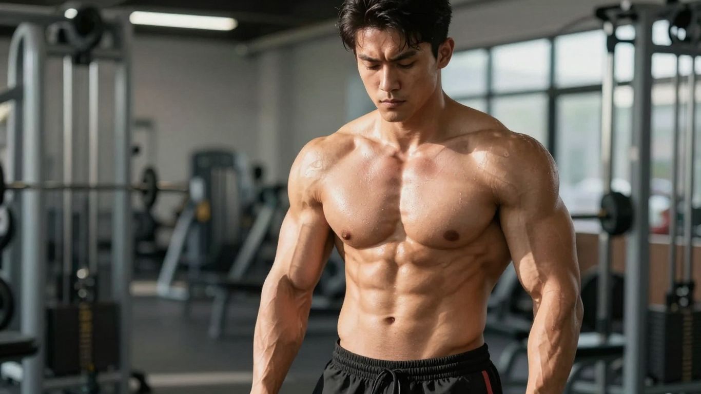 Muscular man's physique in a gym setting.