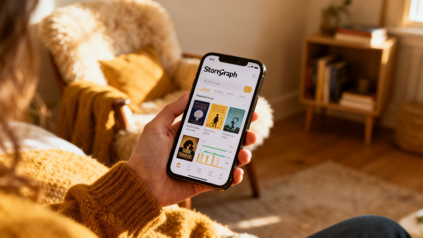 Smartphone showing StoryGraph app with book covers.
