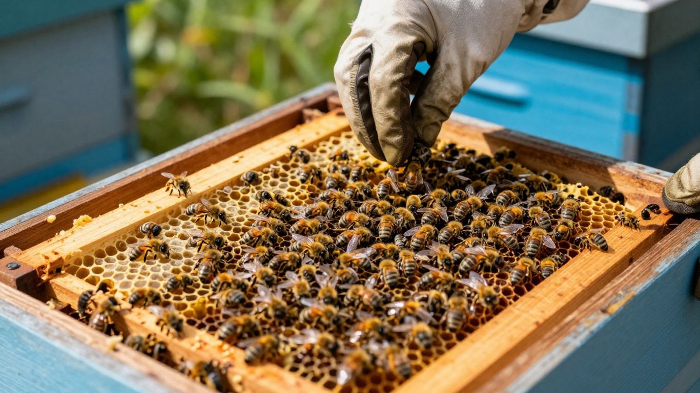 Beekeeper inspecting a beehive with honeycomb frames.