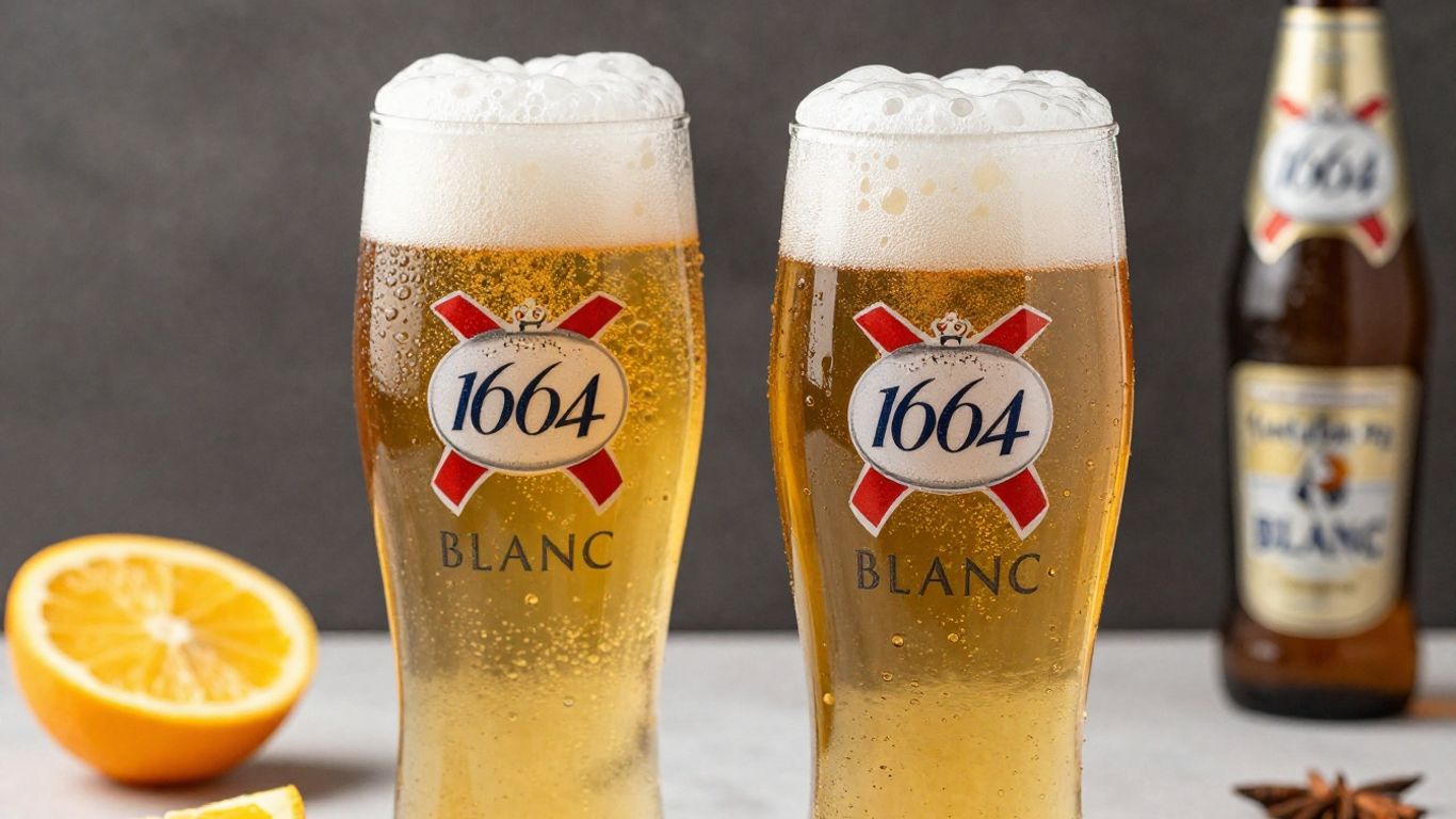 Glass of Kronenbourg 1664 Blanc wheat beer with citrus.