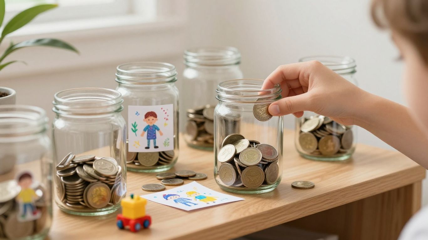 Frascos transparentes con monedas y dibujos infantiles