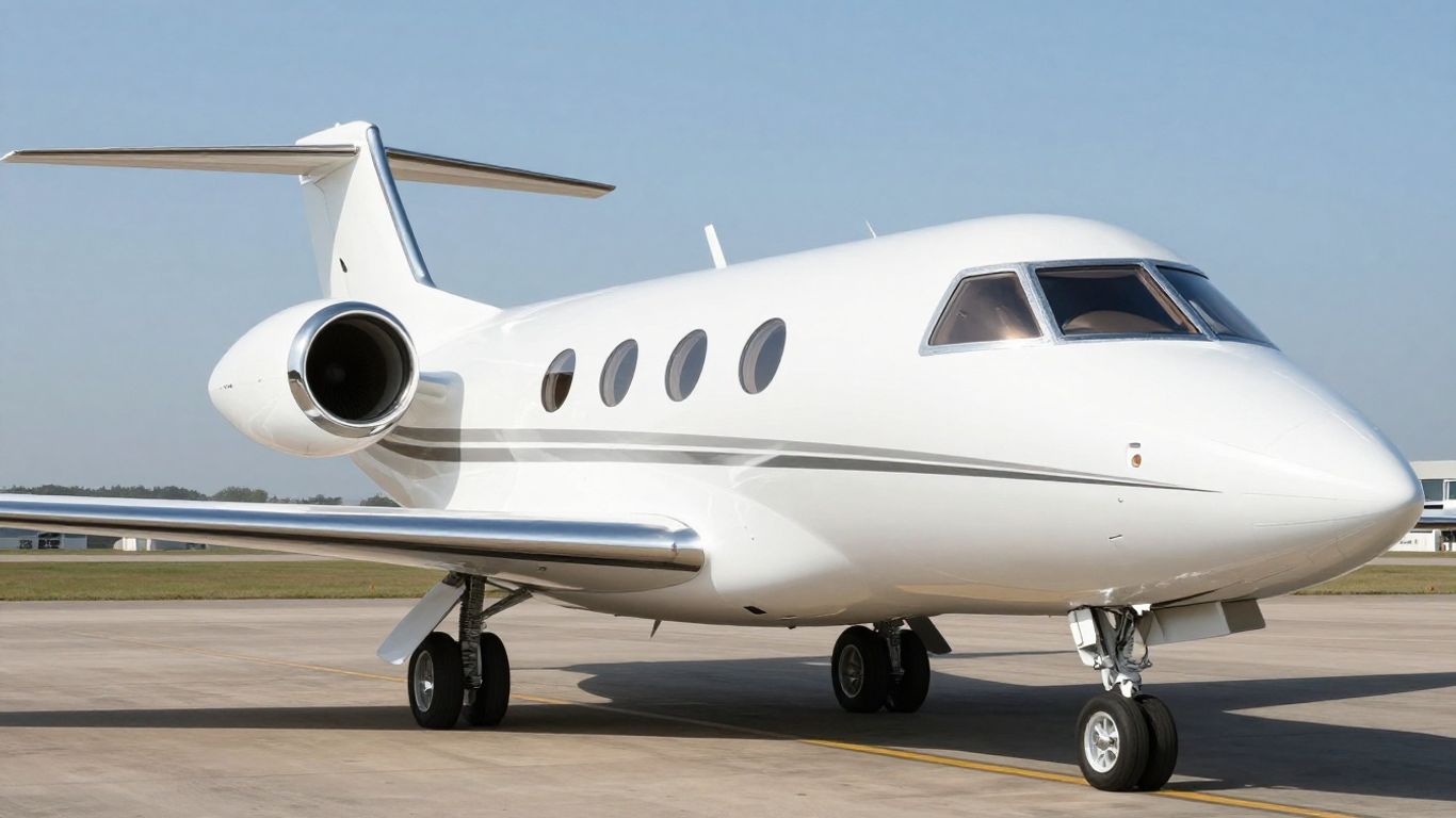 Private jet on tarmac, ready for flight.