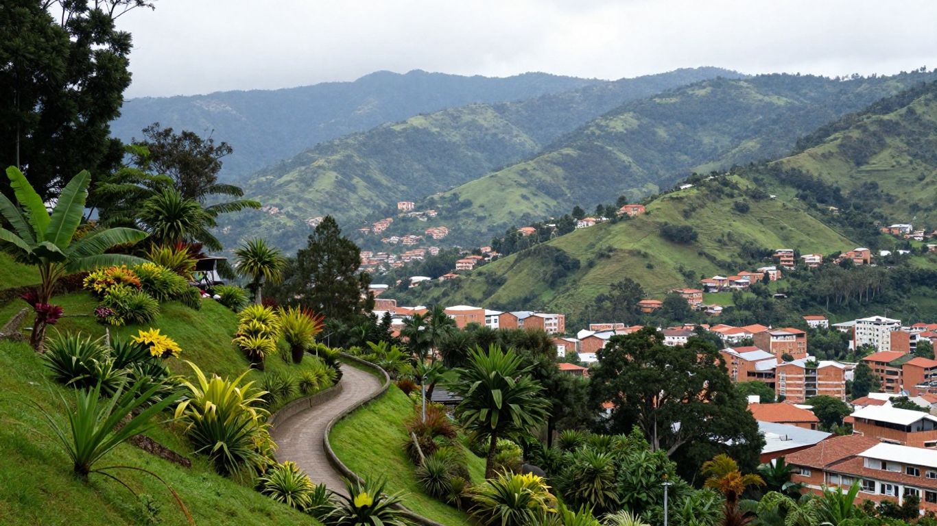 Green hills above a Colombian valley town in Antioquia