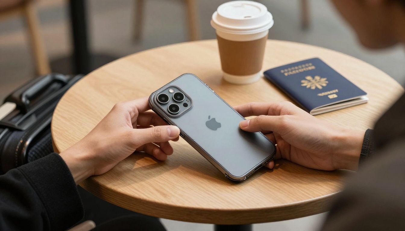A person sitting at a cafe, placing their iPhone 16 Pro Max with a slim but protective wallet case on the table next to a coffee and a passport, ready for travel.