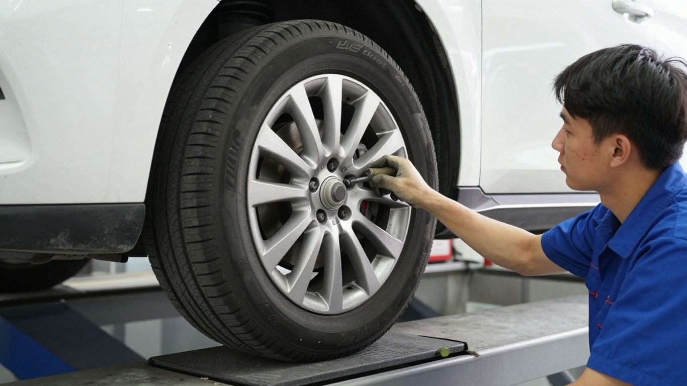 Mechanic checking front tire pressure and alignment