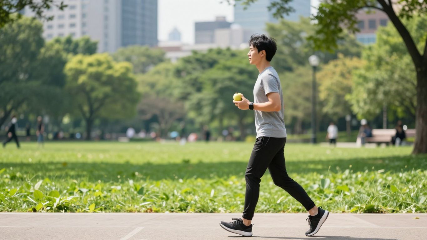 Person walking in park with healthy snack.