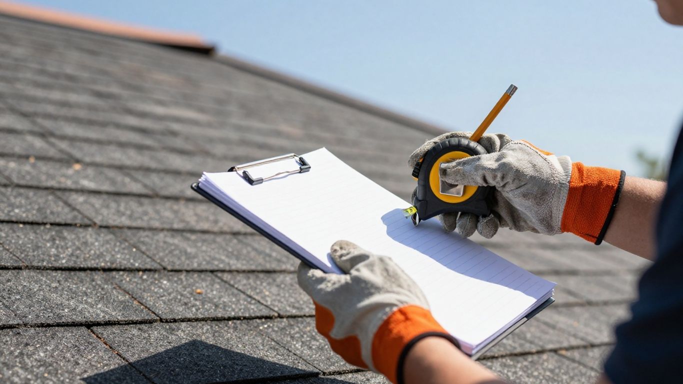 Roofer's hands with tools and notepad on a roof.