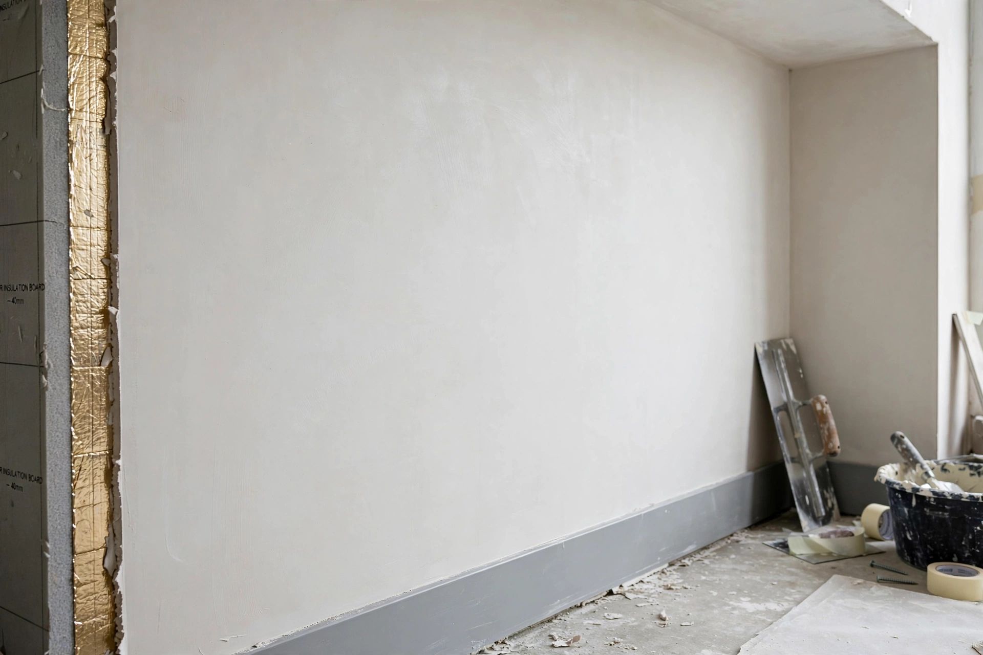 A newly skimmed internal wall finished smoothly after insulated plasterboard installation