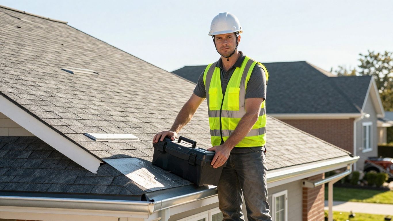 Roofer on a completed roof holding a toolbox.