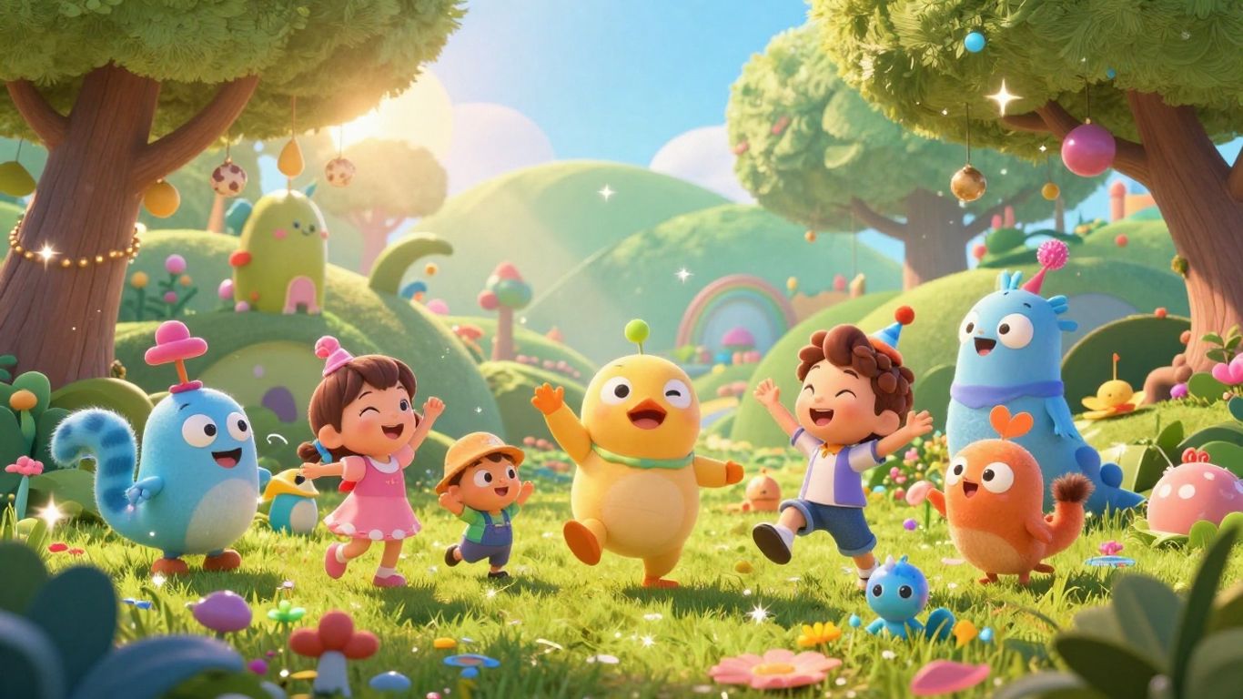 Animated characters dancing in a colorful, fantastical landscape.