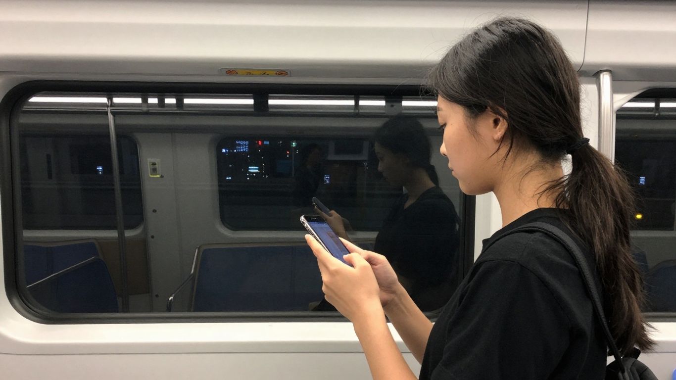 Commuter adjusting phone to eye level on train