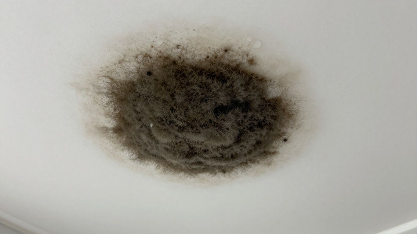 Black mold growth on a bathroom ceiling.