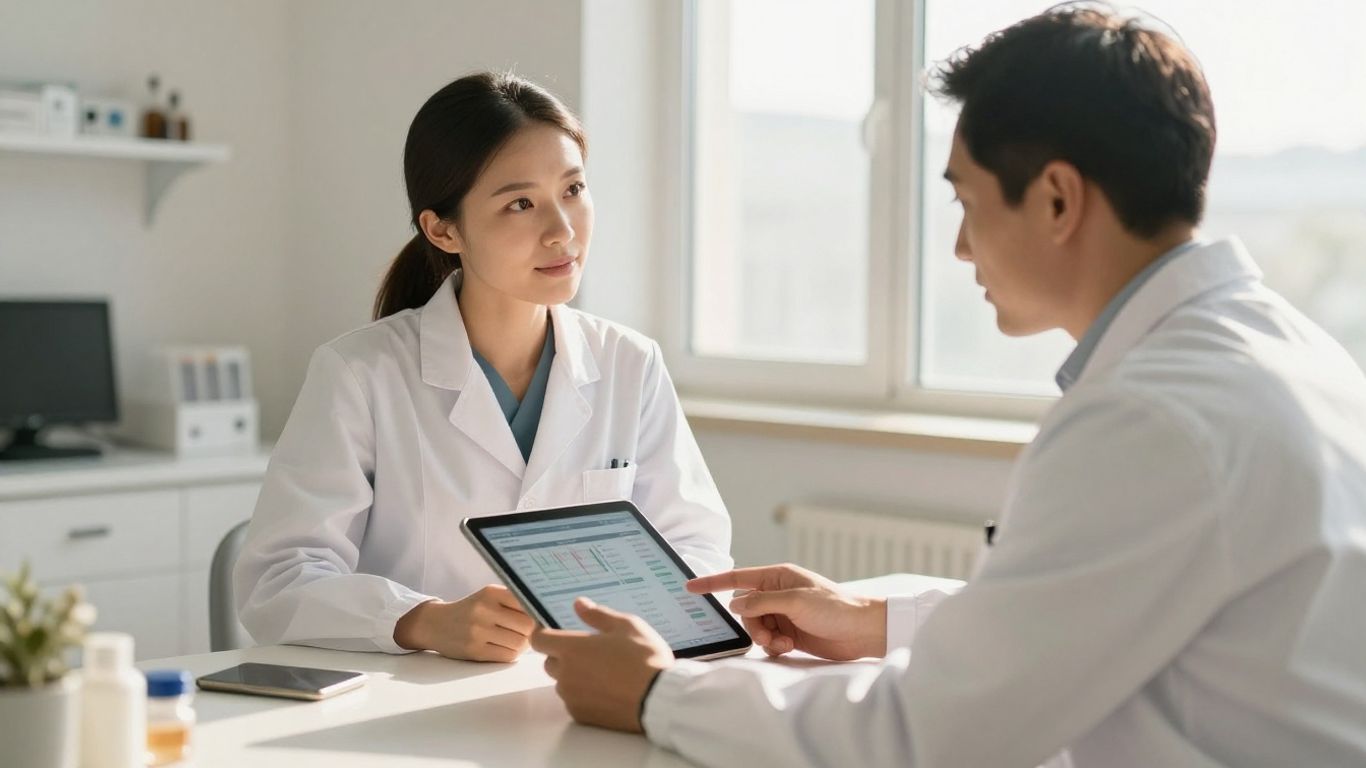 Dentist and CPA discussing finances in an office.