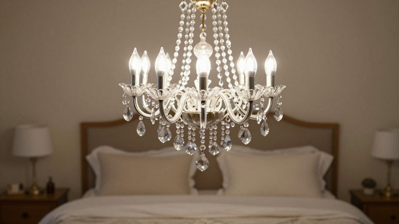 Small chandelier above a bedroom bed.