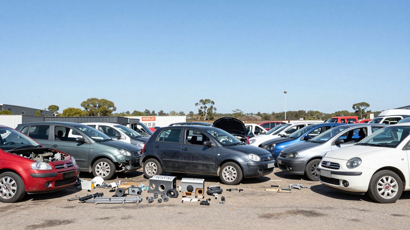 Fiat cars in a Canberra wrecking yard with used parts