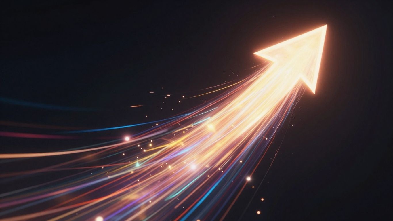 Upward arrow made of light streaks, symbolizing growth.