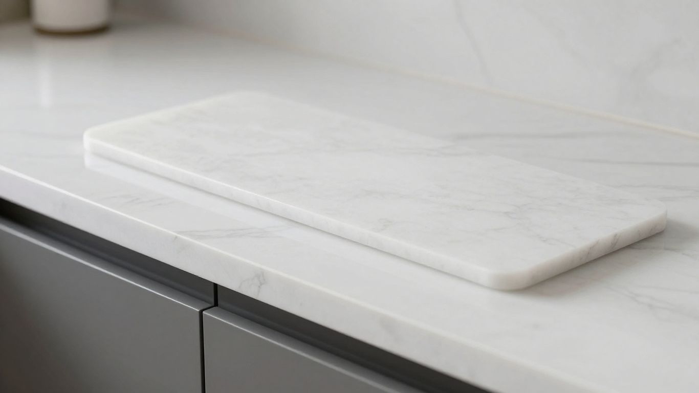 Elegant white quartz kitchen worktop surface.