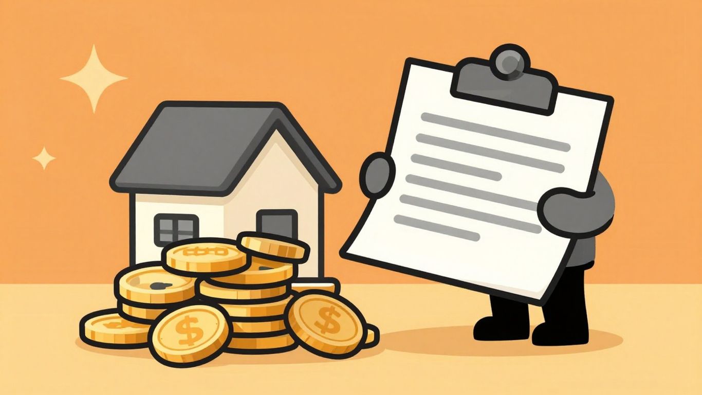 Cartoon hand with coins and loan document.