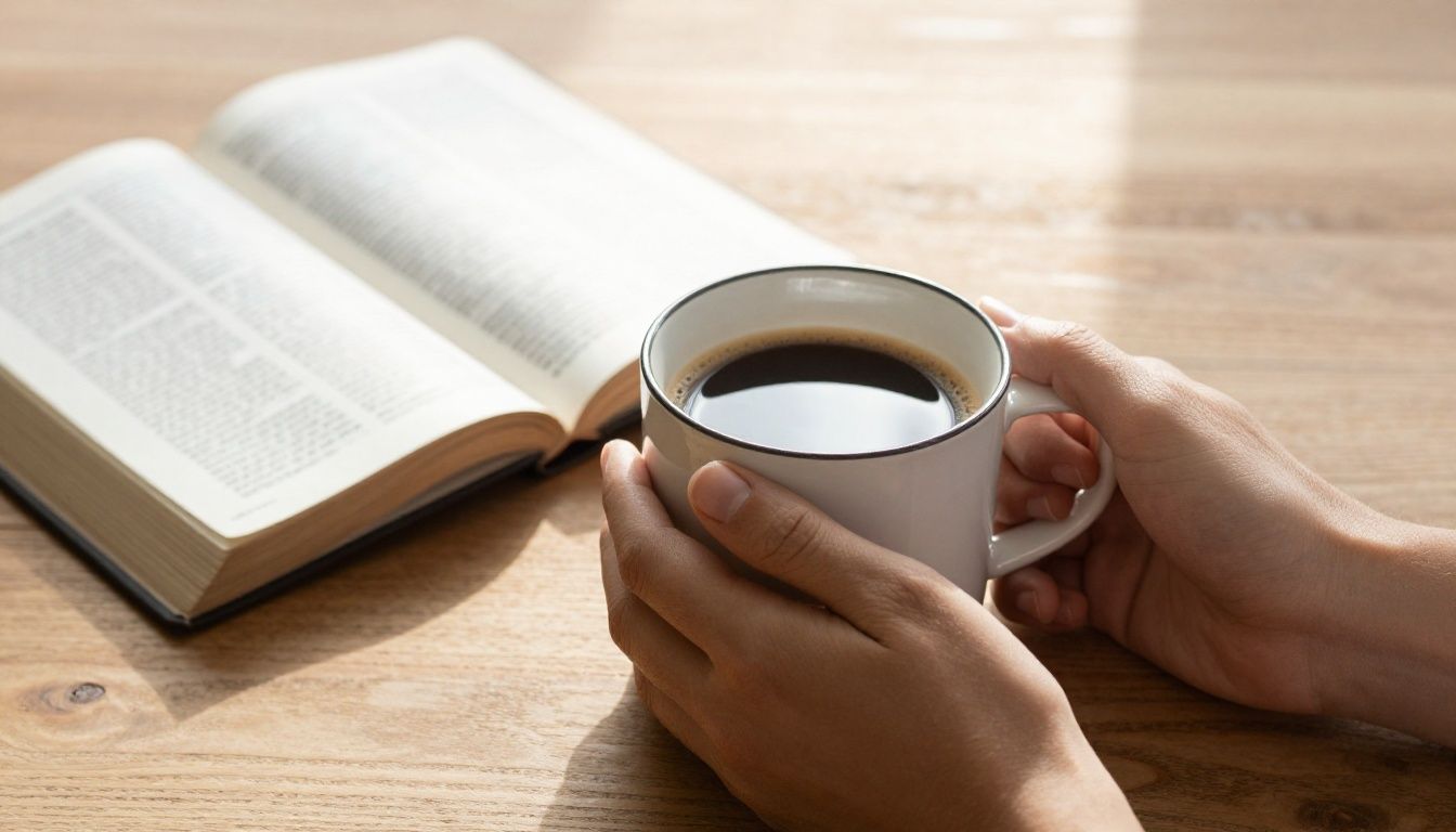 A person's hands holding a warm mug of coffee on a wooden table next to an open Bible, with soft morning light streaming in.
