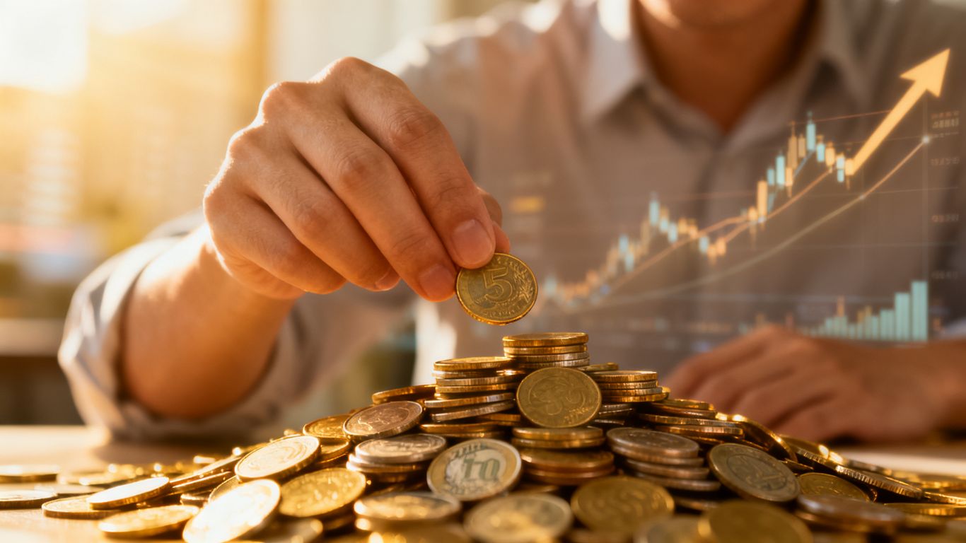 Hand adding coins to a growing pile of money.