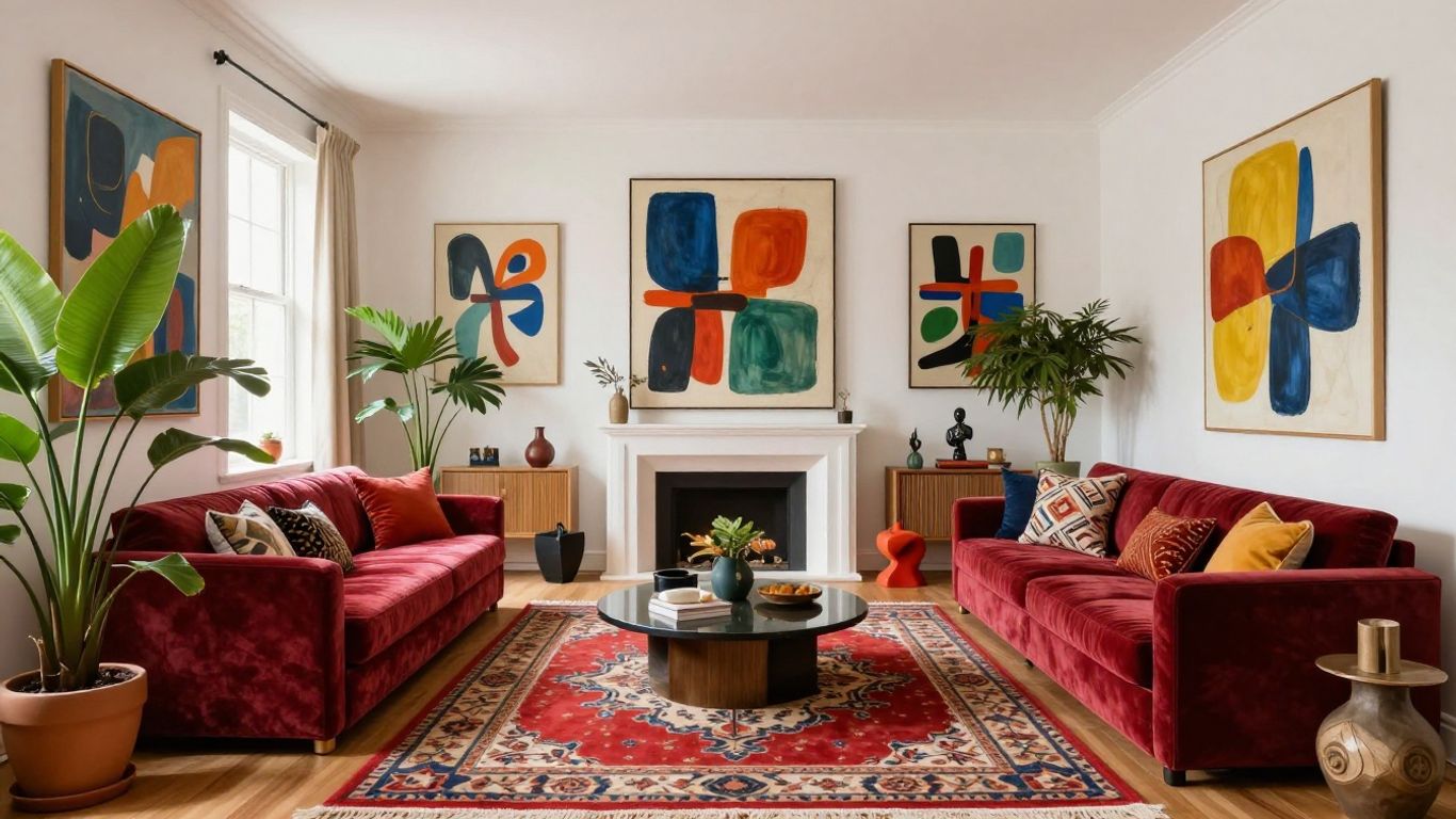 Modern living room with art, plants, and cultural decor.