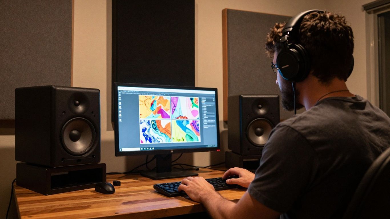 Creator recording music beside visual storyboards